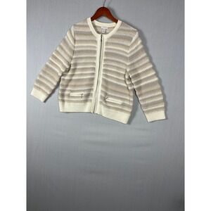 Chico's Cardigan Beige Striped Sz 2 Ivory Full Zip Textured Knit Sweater